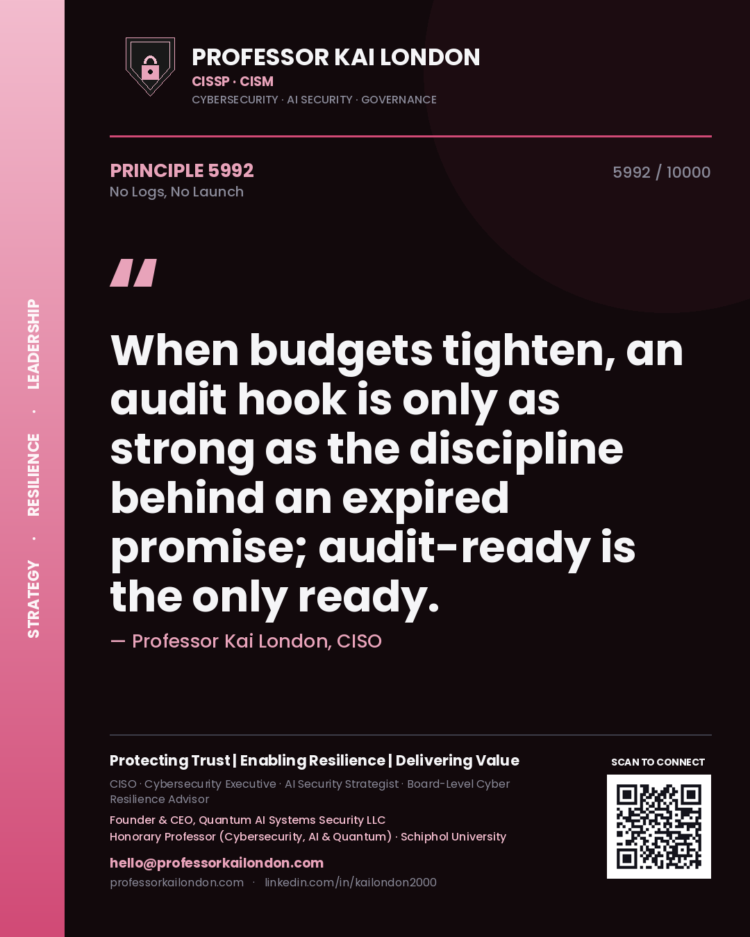 Quote card by Professor Kai London reading 'When budgets tighten, an audit hook is only as strong as the discipline behind an expired promise; audit-ready is the only ready.'. From the book No Logs, No Launch.