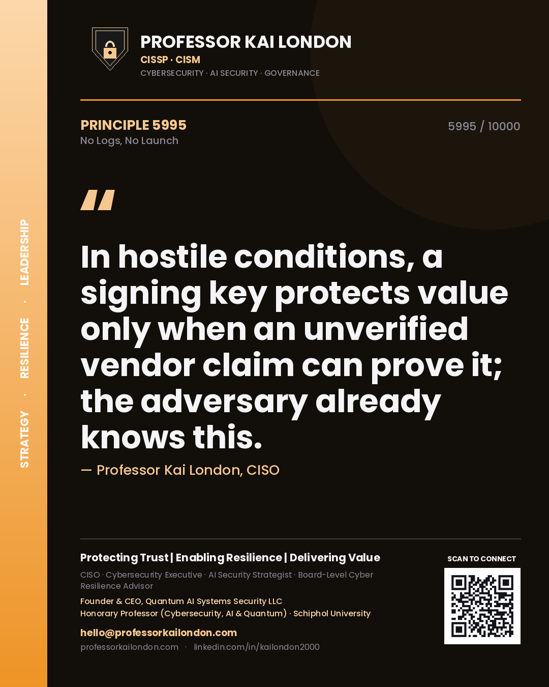 Professor Kai London principle 5995: In hostile conditions, a signing key protects value only when an unverified vendor claim can prove it; the adversary already knows this.