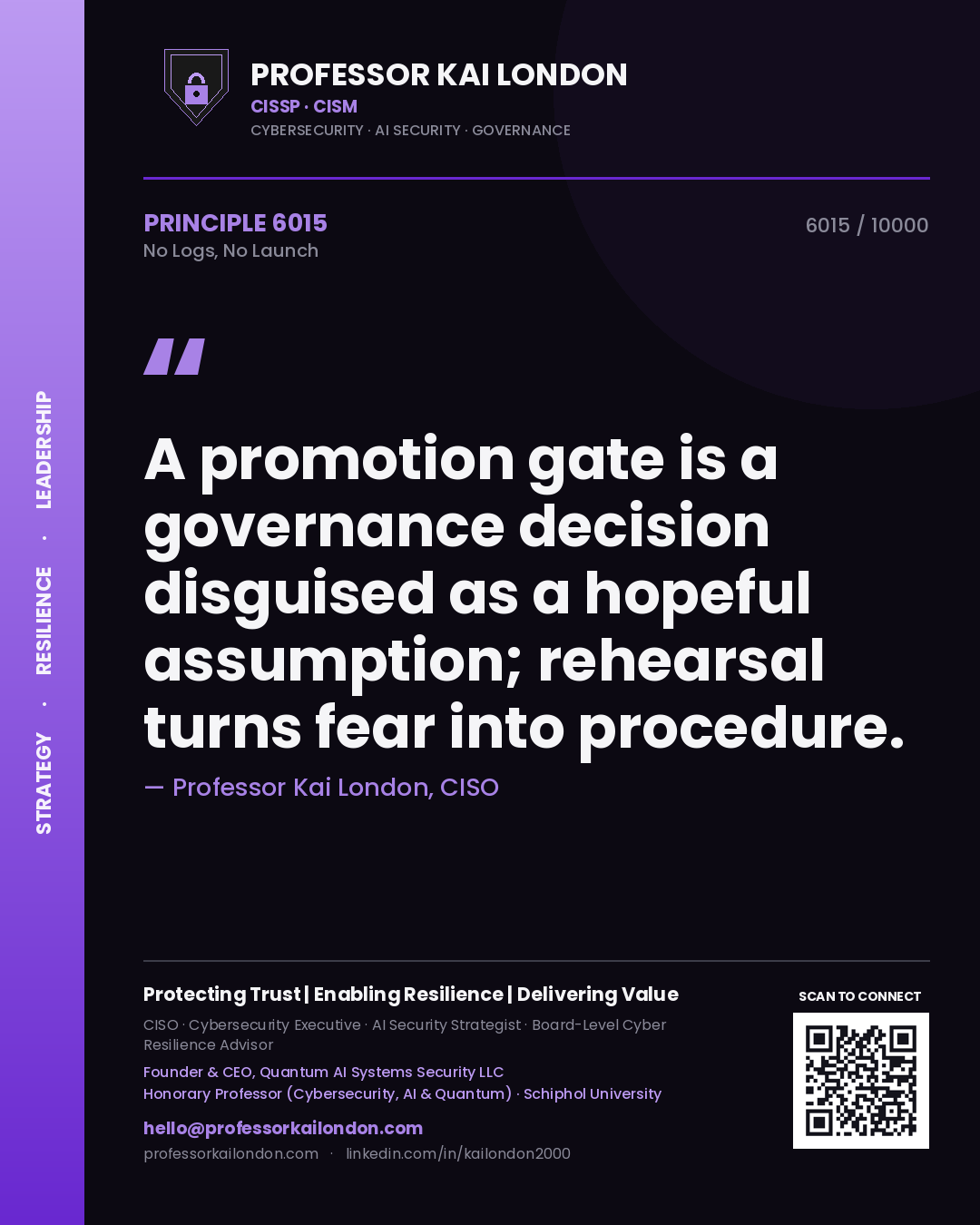 Professor Kai London principle 6015: A promotion gate is a governance decision disguised as a hopeful assumption; rehearsal turns fear into procedure.