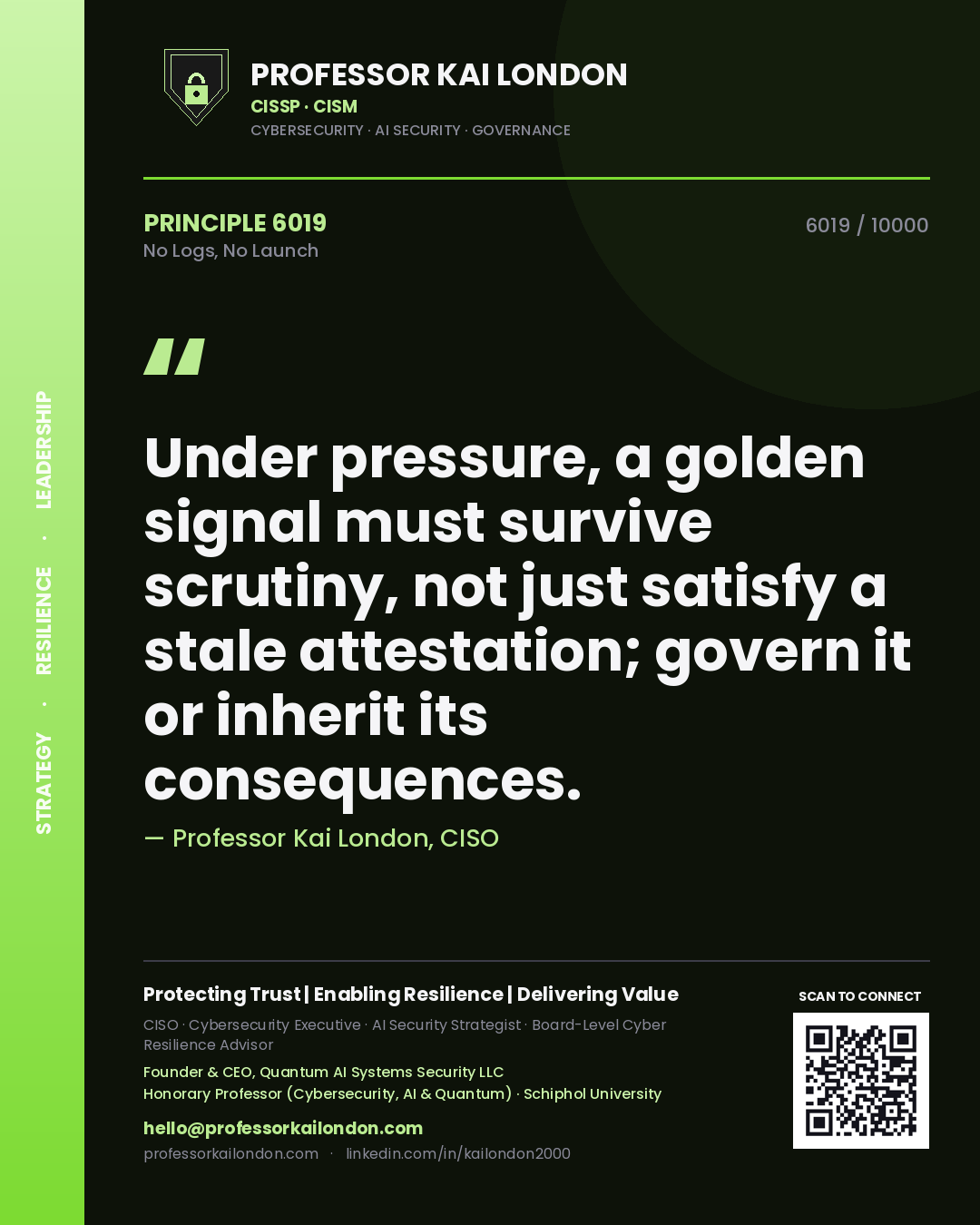 Professor Kai London principle 6019: Under pressure, a golden signal must survive scrutiny, not just satisfy a stale attestation; govern it or inherit its consequences.