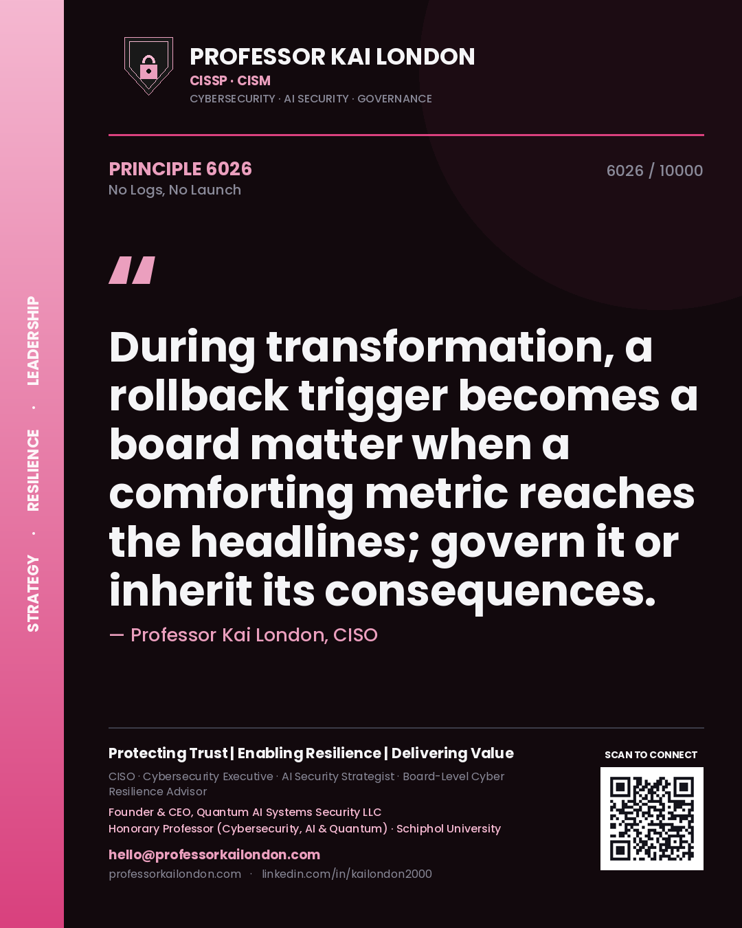 Quote card by Professor Kai London reading 'During transformation, a rollback trigger becomes a board matter when a comforting metric reaches the headlines; govern it or inherit its consequences.'. From the book No Logs, No Launch.