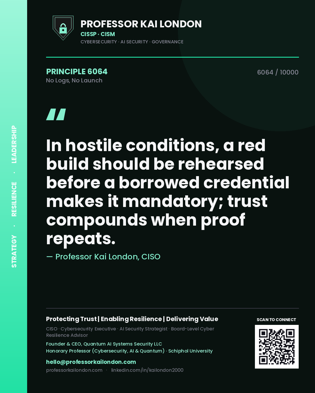 Professor Kai London principle 6064: In hostile conditions, a red build should be rehearsed before a borrowed credential makes it mandatory; trust compounds when proof repeats.