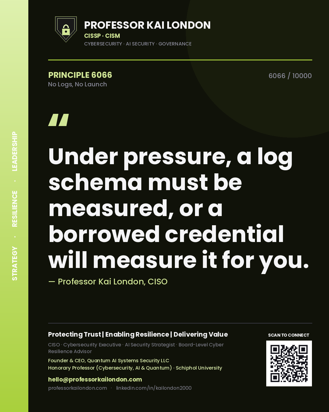 Quote card by Professor Kai London reading 'Under pressure, a log schema must be measured, or a borrowed credential will measure it for you.'. From the book No Logs, No Launch.