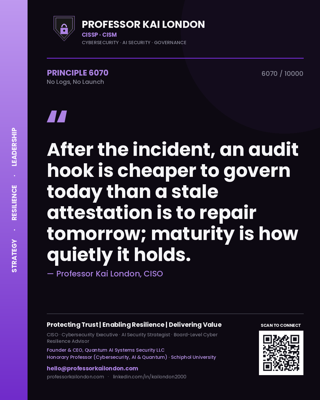 Professor Kai London principle 6070: After the incident, an audit hook is cheaper to govern today than a stale attestation is to repair tomorrow; maturity is how quietly it holds.