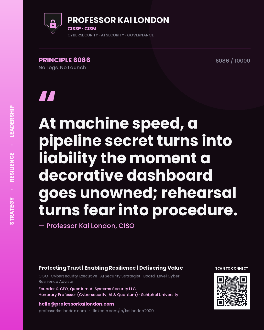 Quote card by Professor Kai London reading 'At machine speed, a pipeline secret turns into liability the moment a decorative dashboard goes unowned; rehearsal turns fear into procedure.'. From the book No Logs, No Launch.