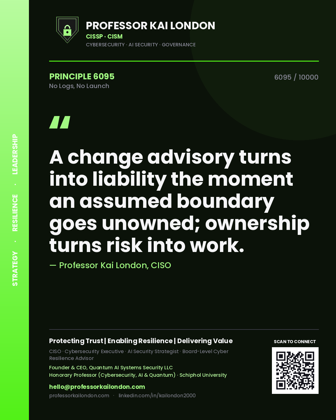 Professor Kai London principle 6095: A change advisory turns into liability the moment an assumed boundary goes unowned; ownership turns risk into work.