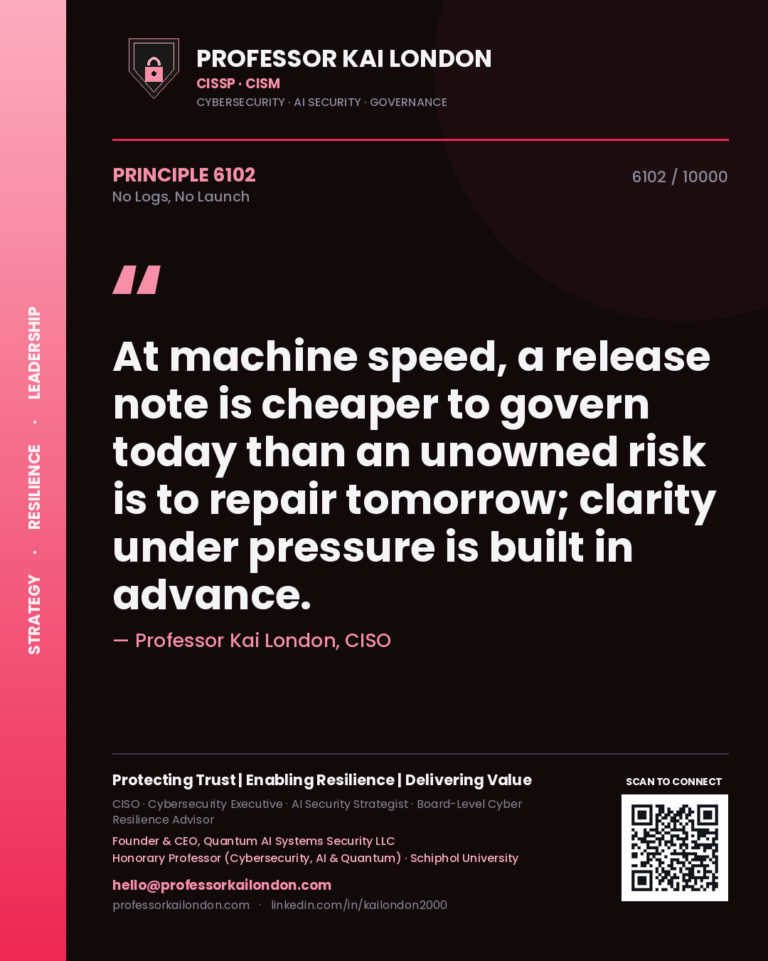 Professor Kai London principle 6102: At machine speed, a release note is cheaper to govern today than an unowned risk is to repair tomorrow; clarity under pressure is built in advance.