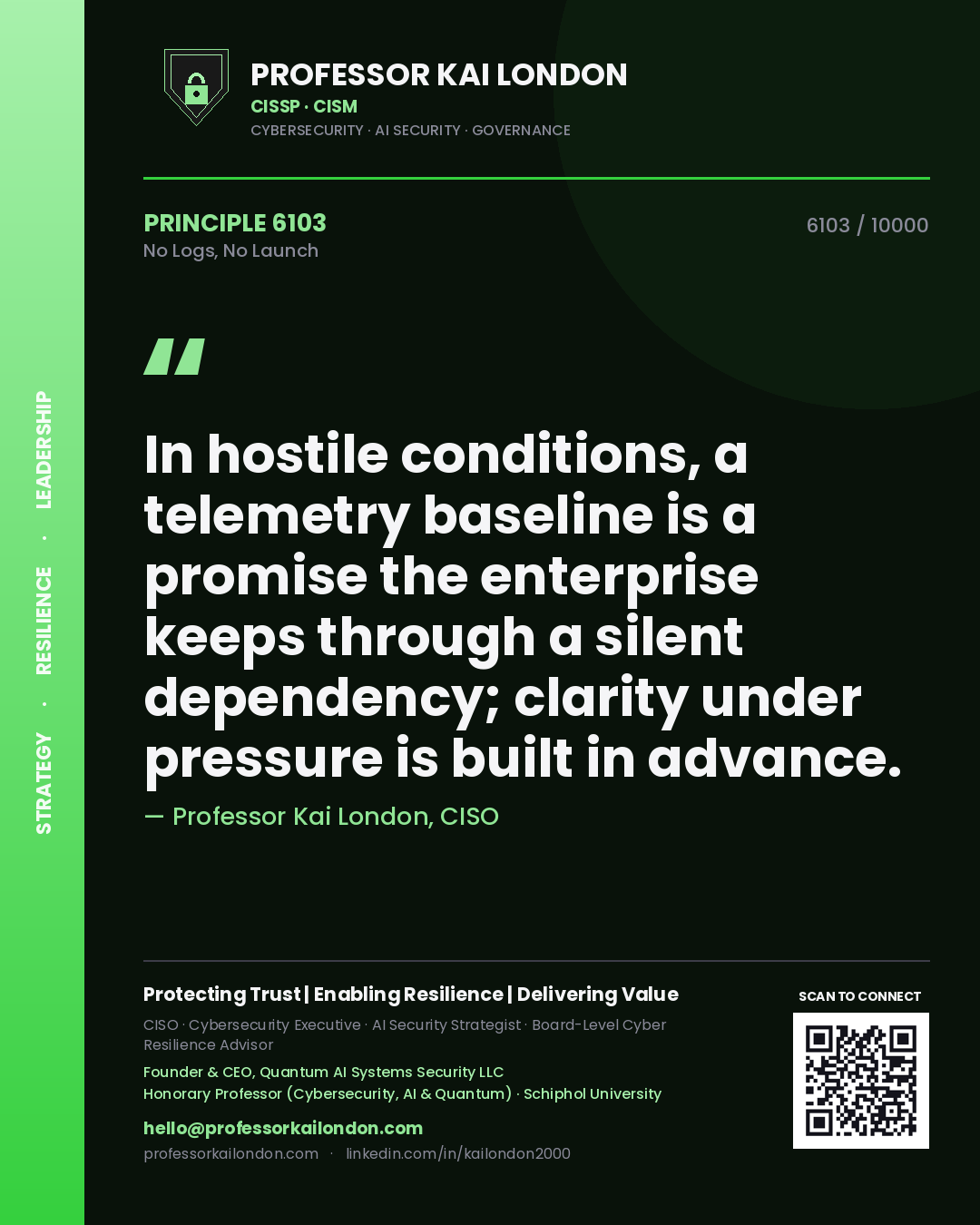 Quote card by Professor Kai London reading 'In hostile conditions, a telemetry baseline is a promise the enterprise keeps through a silent dependency; clarity under pressure is built in advance.'. From the book No Logs, No Launch.