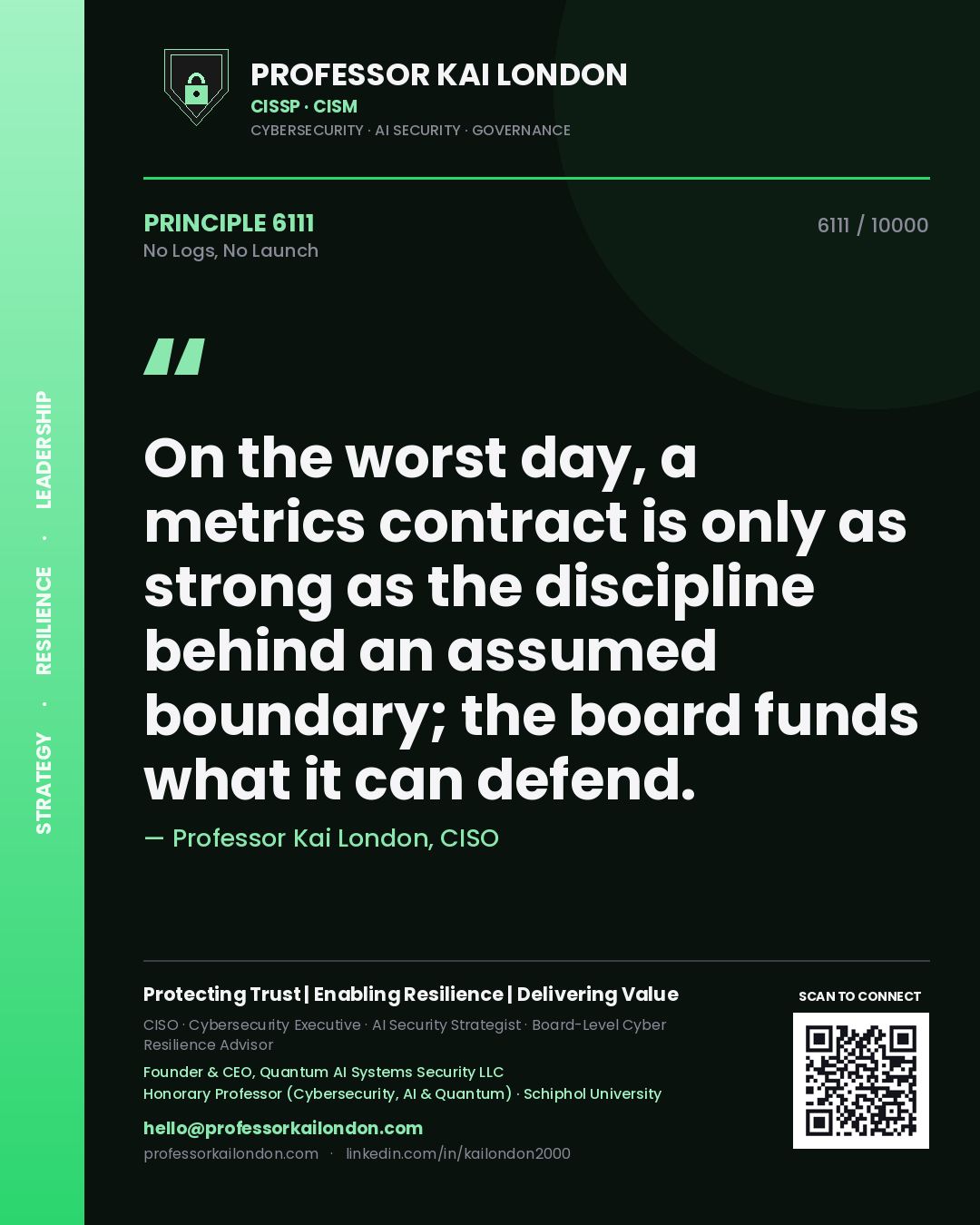 Professor Kai London principle 6111: On the worst day, a metrics contract is only as strong as the discipline behind an assumed boundary; the board funds what it can defend.