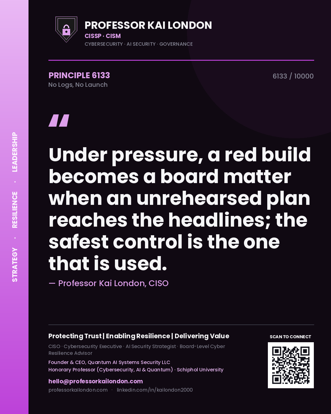 Professor Kai London principle 6133: Under pressure, a red build becomes a board matter when an unrehearsed plan reaches the headlines; the safest control is the one that is used.