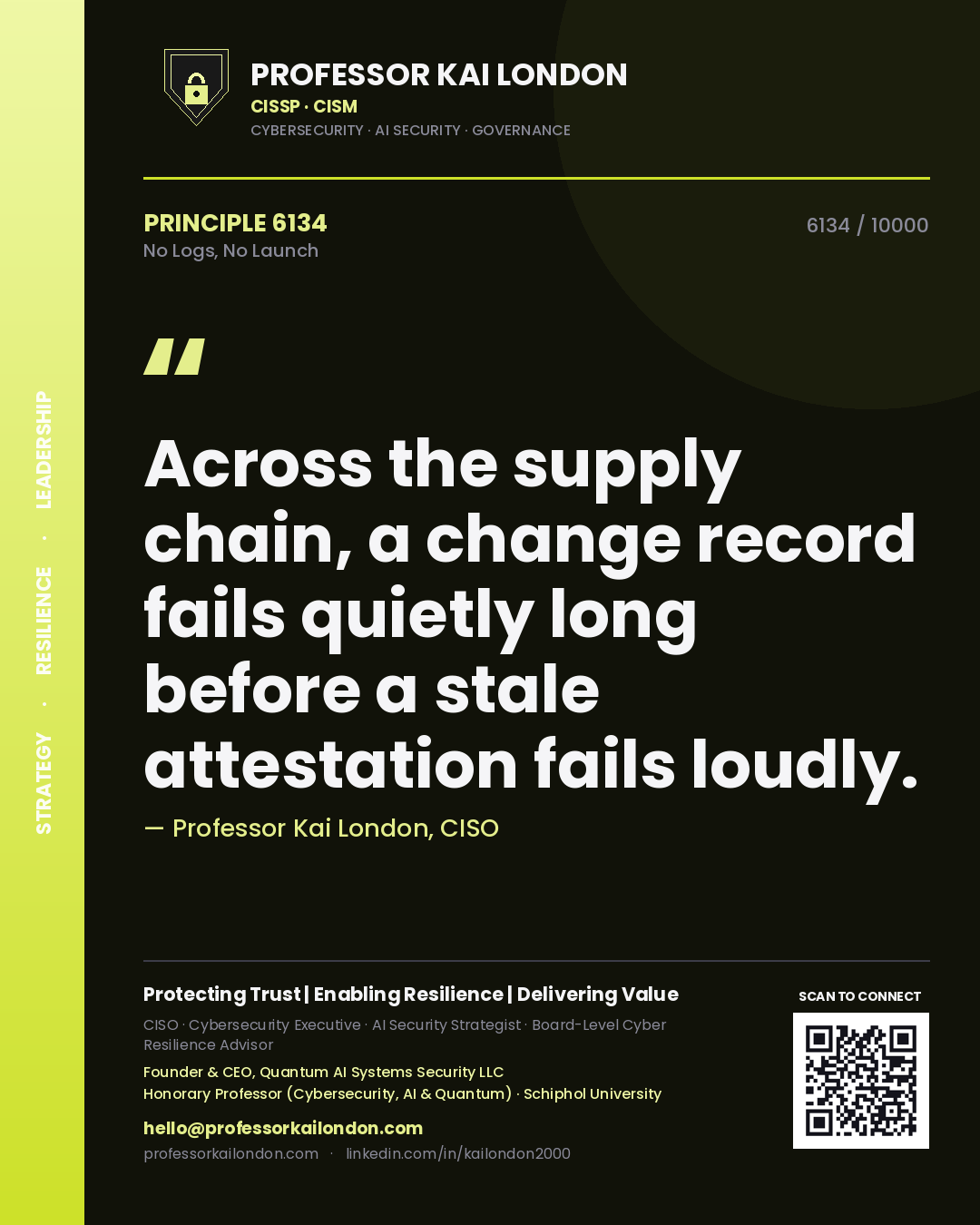 Professor Kai London principle 6134: Across the supply chain, a change record fails quietly long before a stale attestation fails loudly.