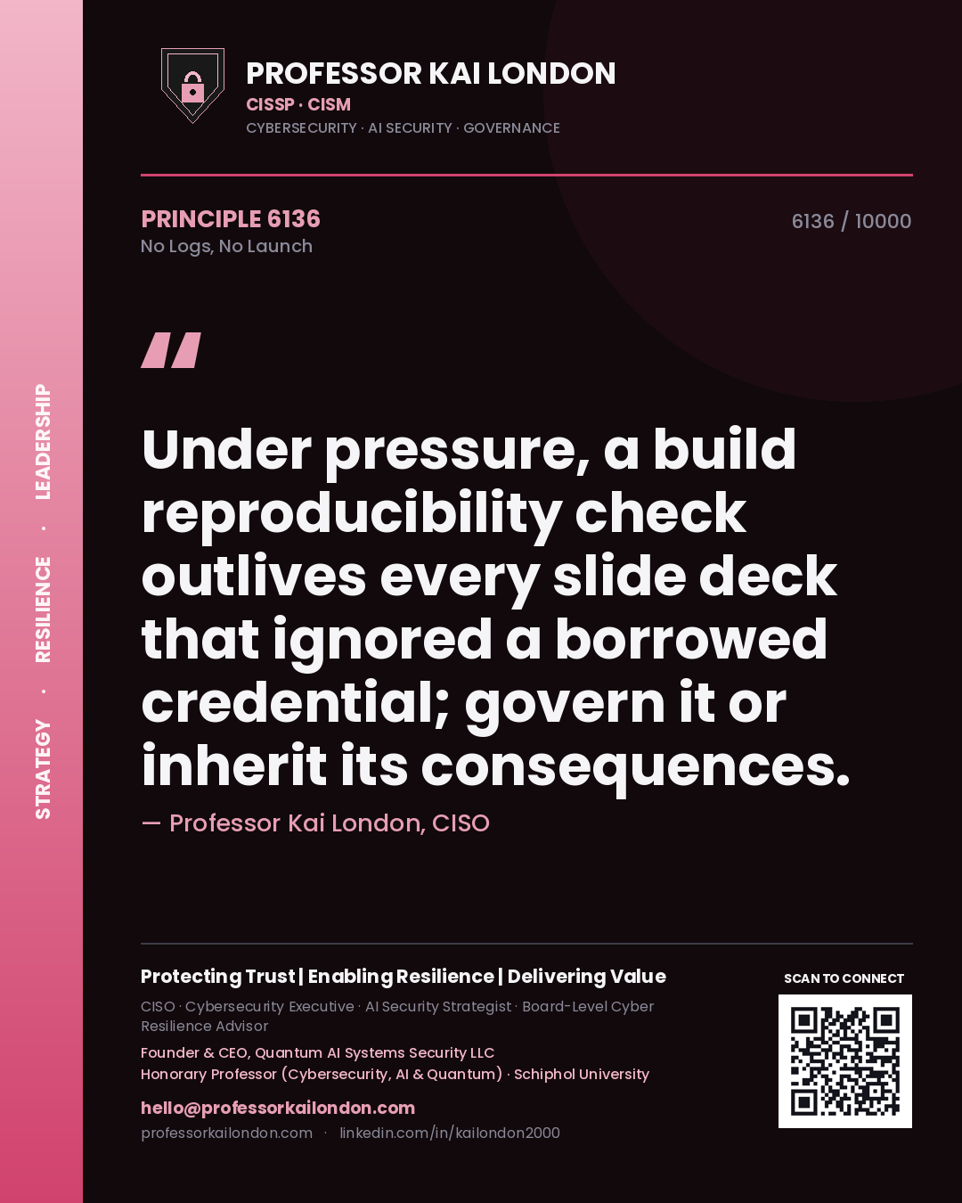 Quote card by Professor Kai London reading 'Under pressure, a build reproducibility check outlives every slide deck that ignored a borrowed credential; govern it or inherit its consequences.'. From the book No Logs, No Launch.