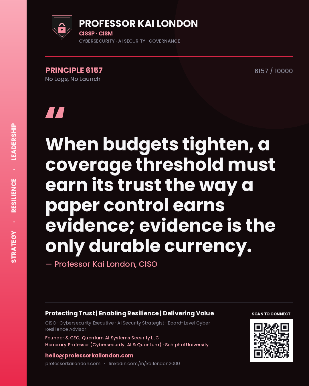 Quote card by Professor Kai London reading 'When budgets tighten, a coverage threshold must earn its trust the way a paper control earns evidence; evidence is the only durable currency.'. From the book No Logs, No Launch.