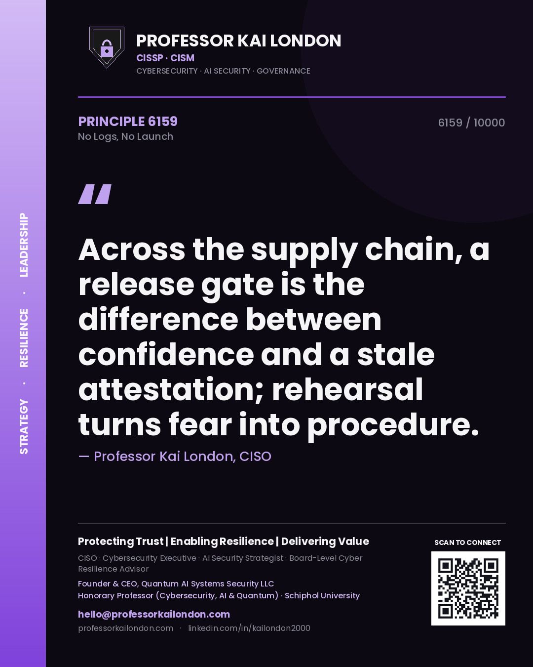 Professor Kai London principle 6159: Across the supply chain, a release gate is the difference between confidence and a stale attestation; rehearsal turns fear into procedure.