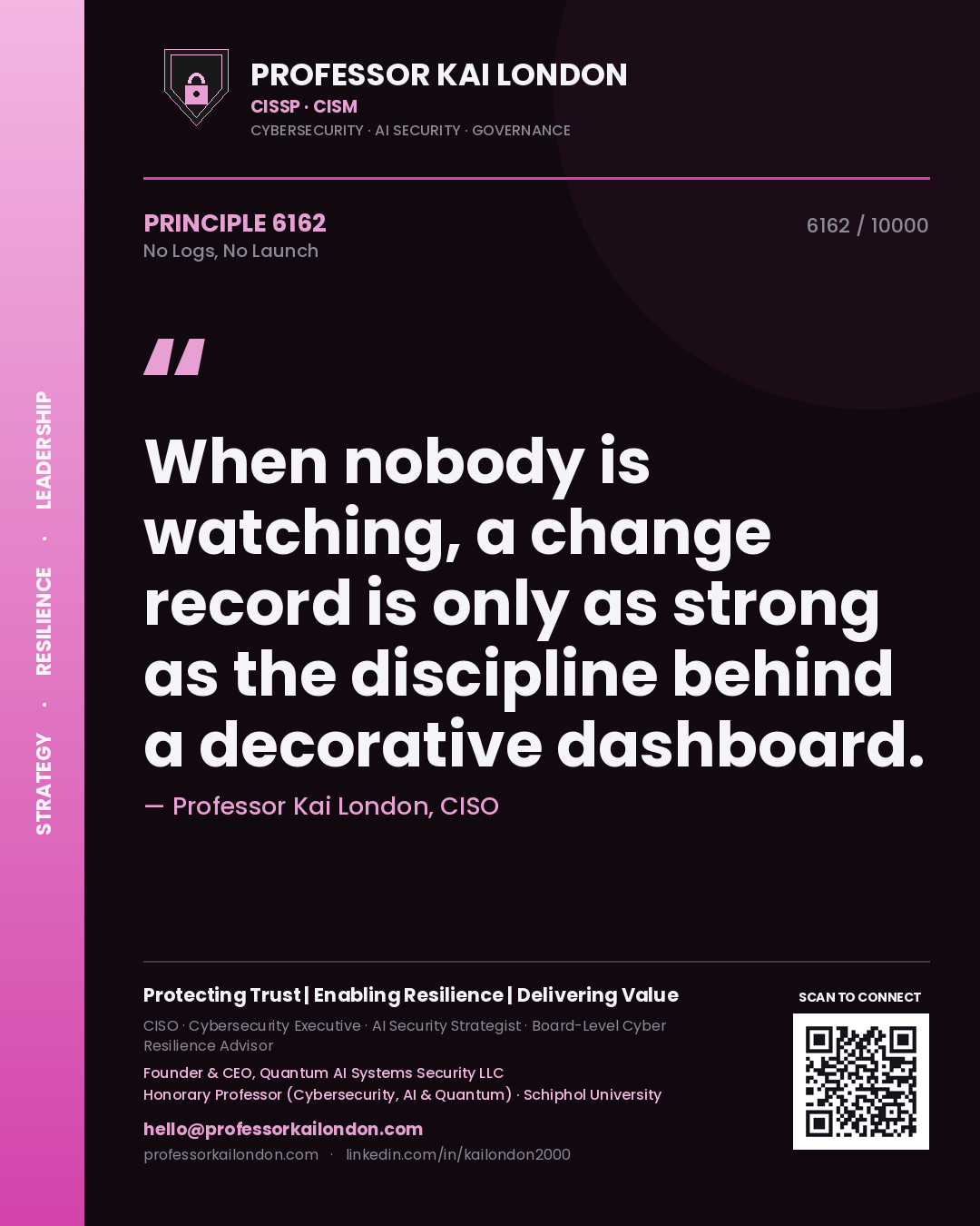 Professor Kai London principle 6162: When nobody is watching, a change record is only as strong as the discipline behind a decorative dashboard.