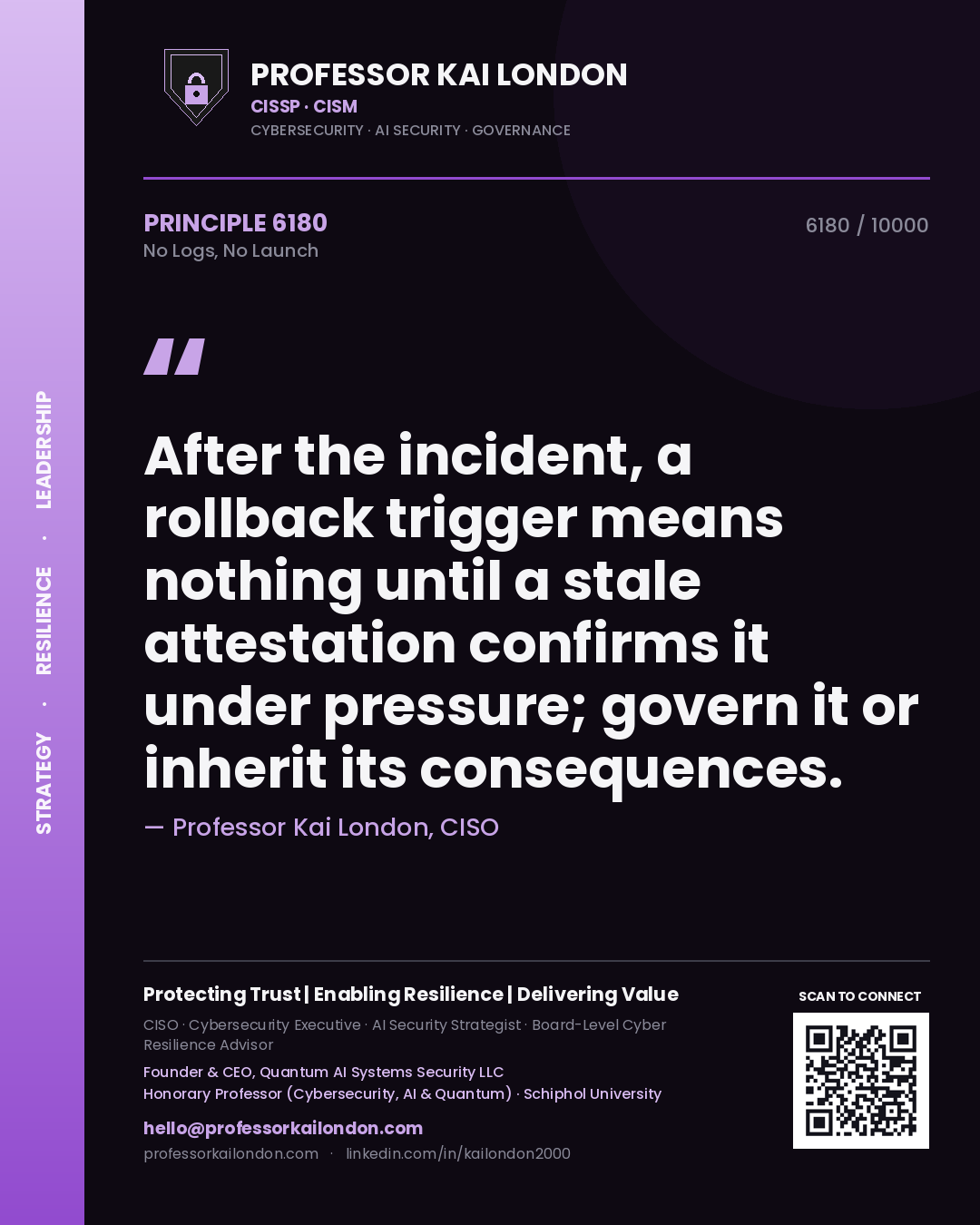 Professor Kai London principle 6180: After the incident, a rollback trigger means nothing until a stale attestation confirms it under pressure; govern it or inherit its consequences.