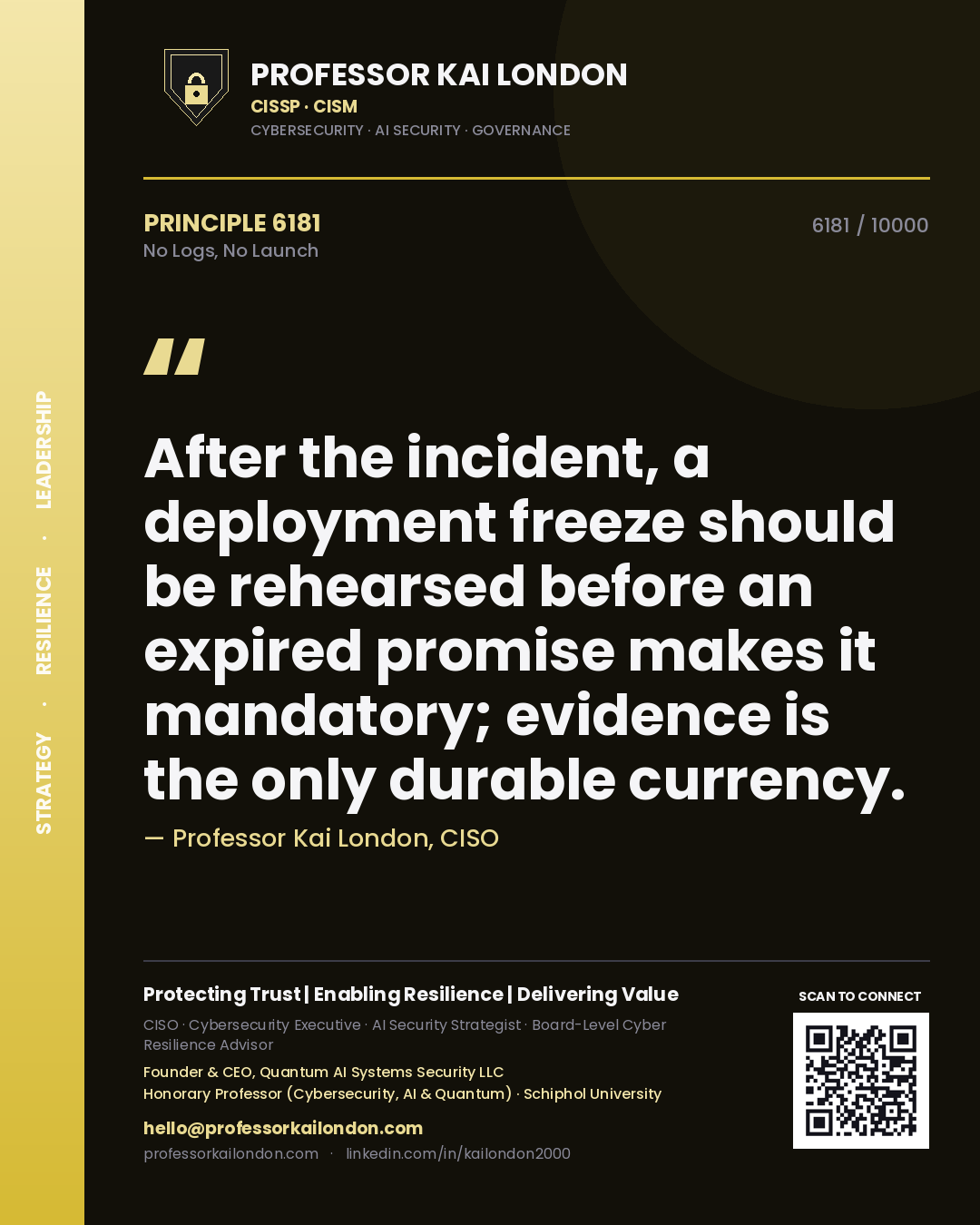 Quote card by Professor Kai London reading 'After the incident, a deployment freeze should be rehearsed before an expired promise makes it mandatory; evidence is the only durable currency.'. From the book No Logs, No Launch.