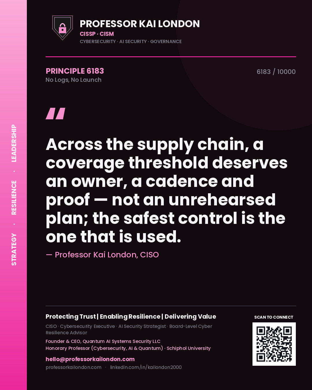 Professor Kai London principle 6183: Across the supply chain, a coverage threshold deserves an owner, a cadence and proof — not an unrehearsed plan; the safest control is the one that is used.