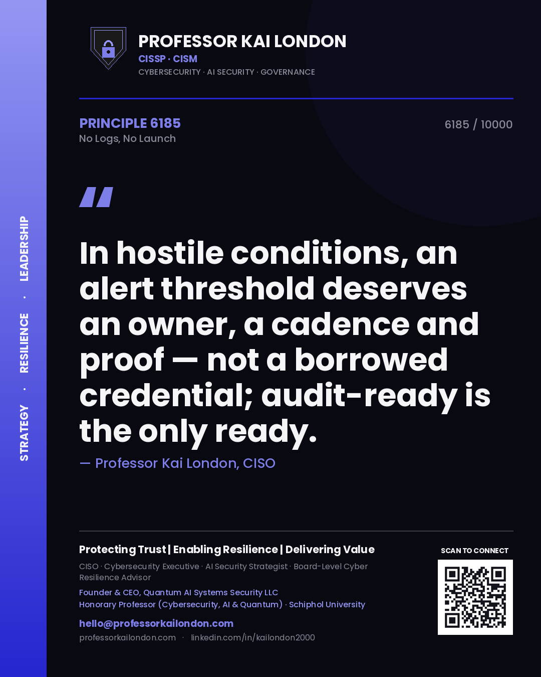 Quote card by Professor Kai London reading 'In hostile conditions, an alert threshold deserves an owner, a cadence and proof — not a borrowed credential; audit-ready is the only ready.'. From the book No Logs, No Launch.