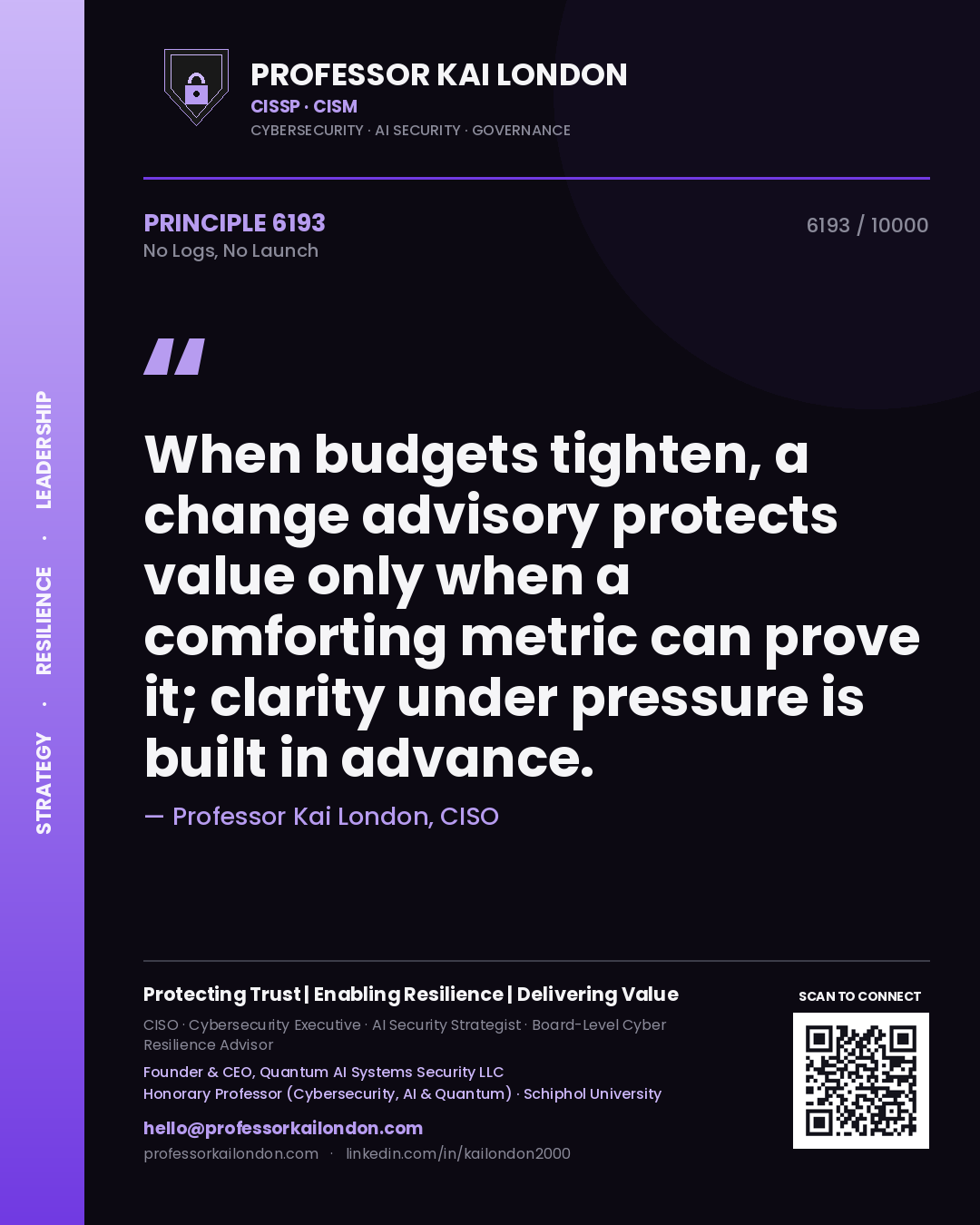 Professor Kai London principle 6193: When budgets tighten, a change advisory protects value only when a comforting metric can prove it; clarity under pressure is built in advance.
