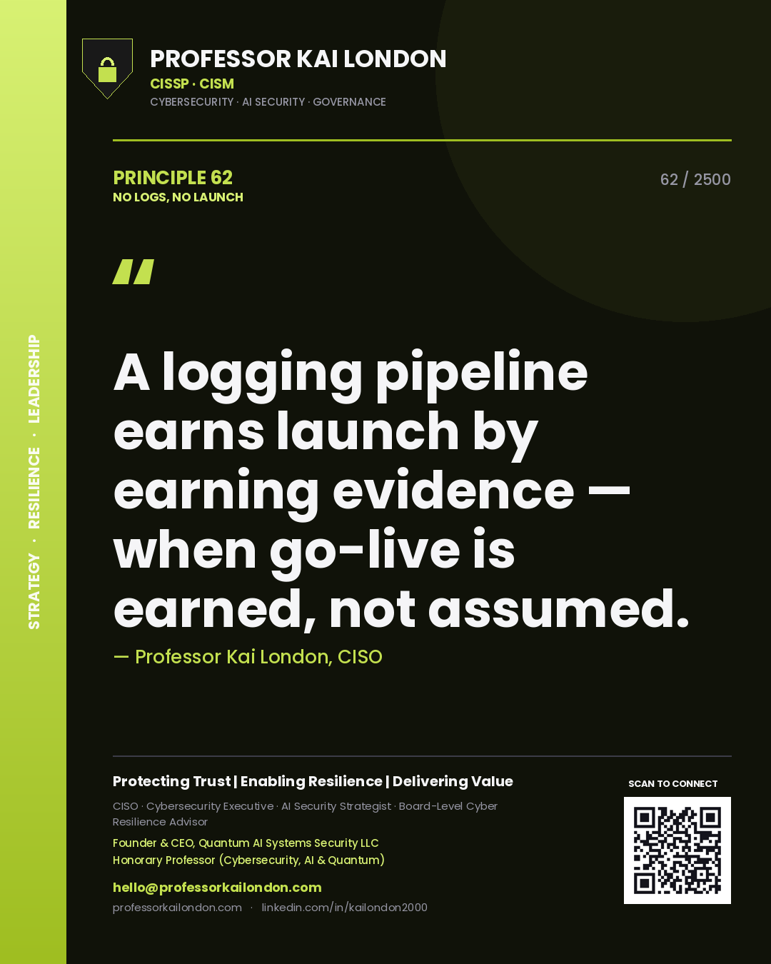 Professor Kai London principle 62: A logging pipeline earns launch by earning evidence — when go-live is earned, not assumed.