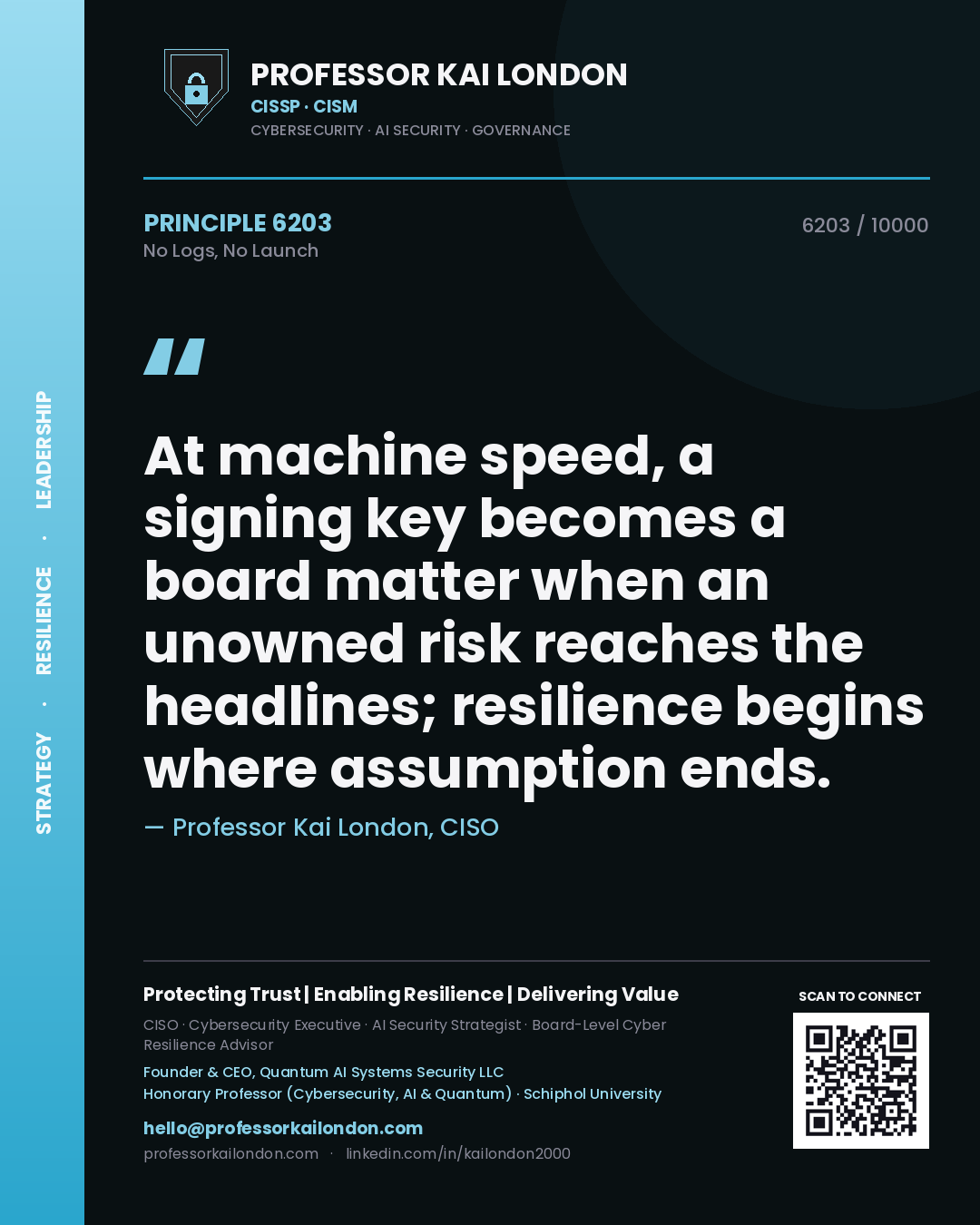 Quote card by Professor Kai London reading 'At machine speed, a signing key becomes a board matter when an unowned risk reaches the headlines; resilience begins where assumption ends.'. From the book No Logs, No Launch.