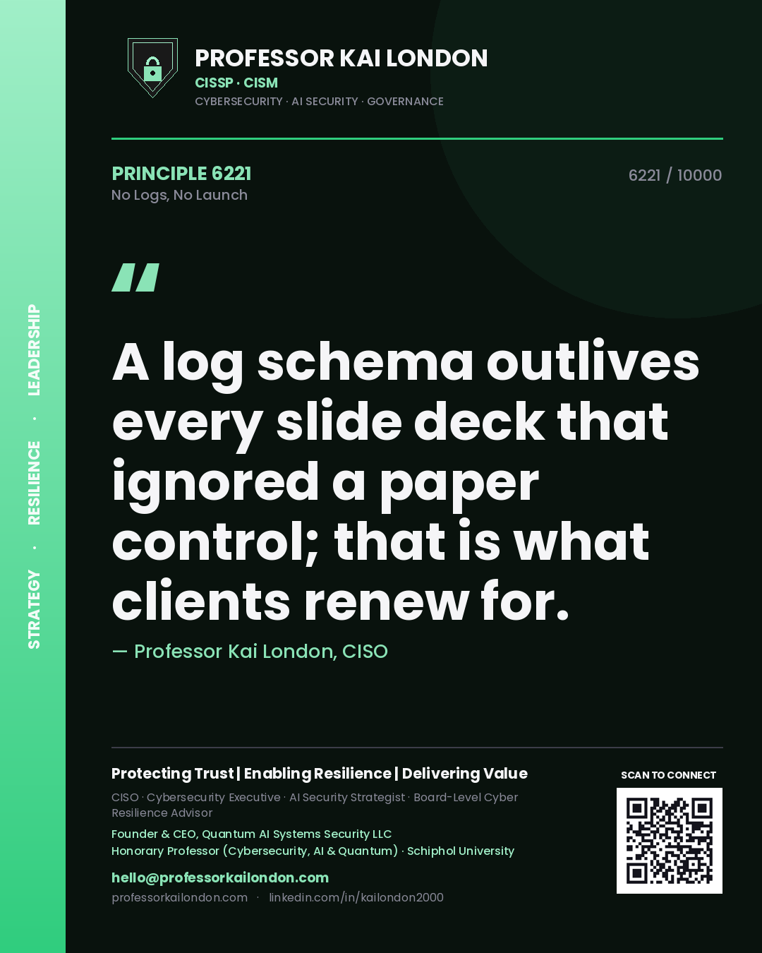 Professor Kai London principle 6221: A log schema outlives every slide deck that ignored a paper control; that is what clients renew for.