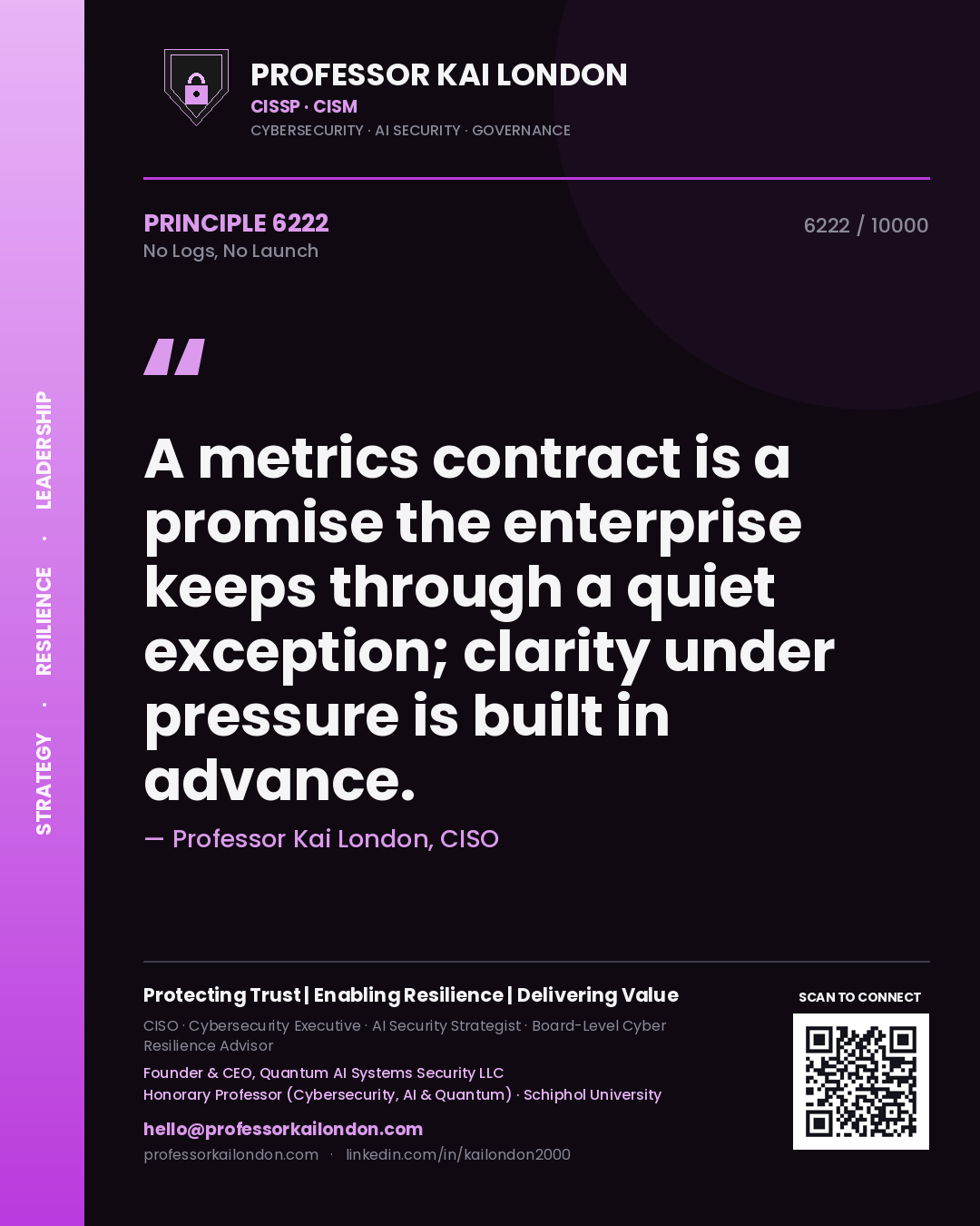 Quote card by Professor Kai London reading 'A metrics contract is a promise the enterprise keeps through a quiet exception; clarity under pressure is built in advance.'. From the book No Logs, No Launch.