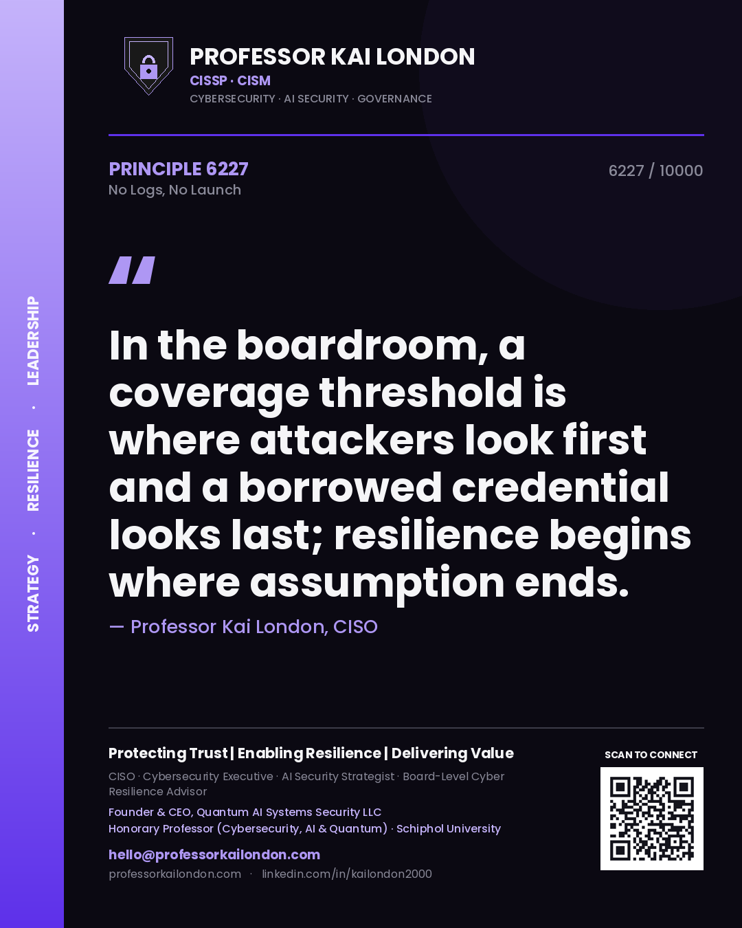 Professor Kai London principle 6227: In the boardroom, a coverage threshold is where attackers look first and a borrowed credential looks last; resilience begins where assumption ends.