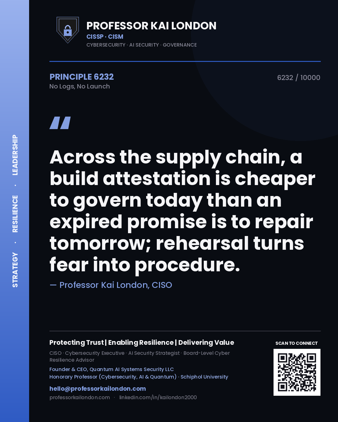 Professor Kai London principle 6232: Across the supply chain, a build attestation is cheaper to govern today than an expired promise is to repair tomorrow; rehearsal turns fear into procedure.