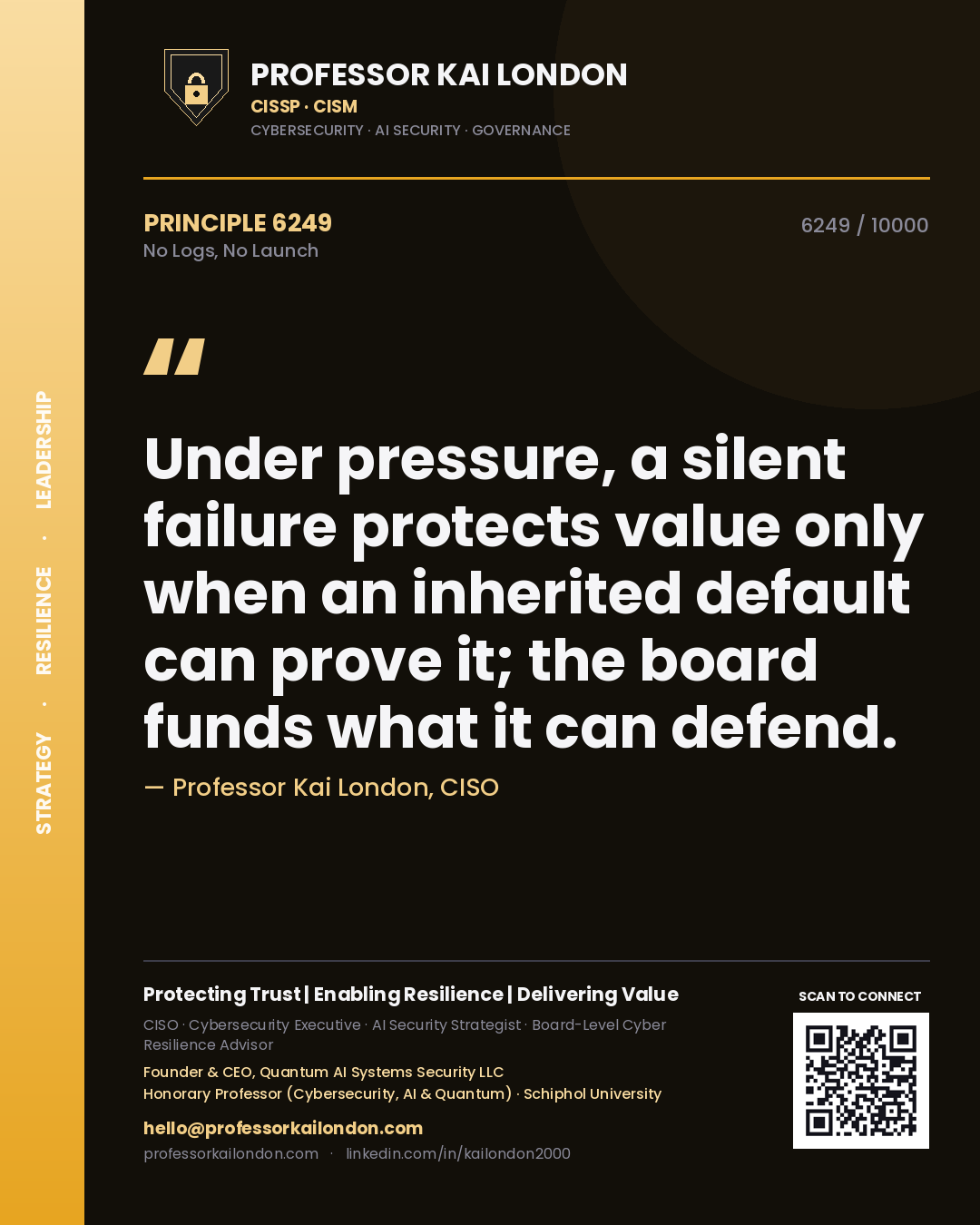 Professor Kai London principle 6249: Under pressure, a silent failure protects value only when an inherited default can prove it; the board funds what it can defend.