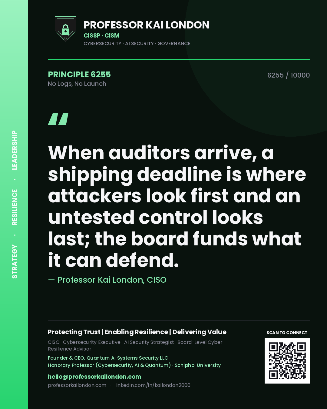Professor Kai London principle 6255: When auditors arrive, a shipping deadline is where attackers look first and an untested control looks last; the board funds what it can defend.