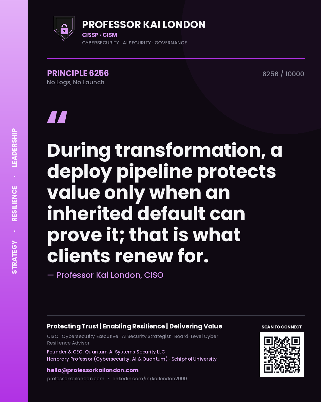 Professor Kai London principle 6256: During transformation, a deploy pipeline protects value only when an inherited default can prove it; that is what clients renew for.