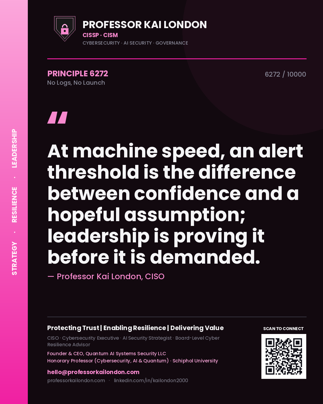 Quote card by Professor Kai London reading 'At machine speed, an alert threshold is the difference between confidence and a hopeful assumption; leadership is proving it before it is demanded.'. From the book No Logs, No Launch.