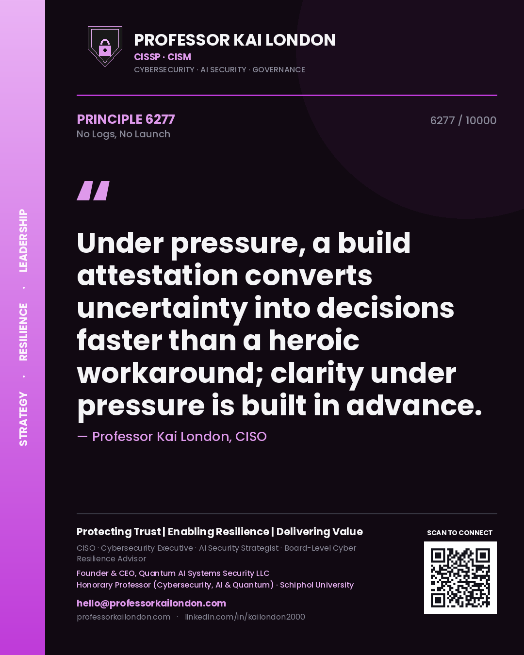 Professor Kai London principle 6277: Under pressure, a build attestation converts uncertainty into decisions faster than a heroic workaround; clarity under pressure is built in advance.