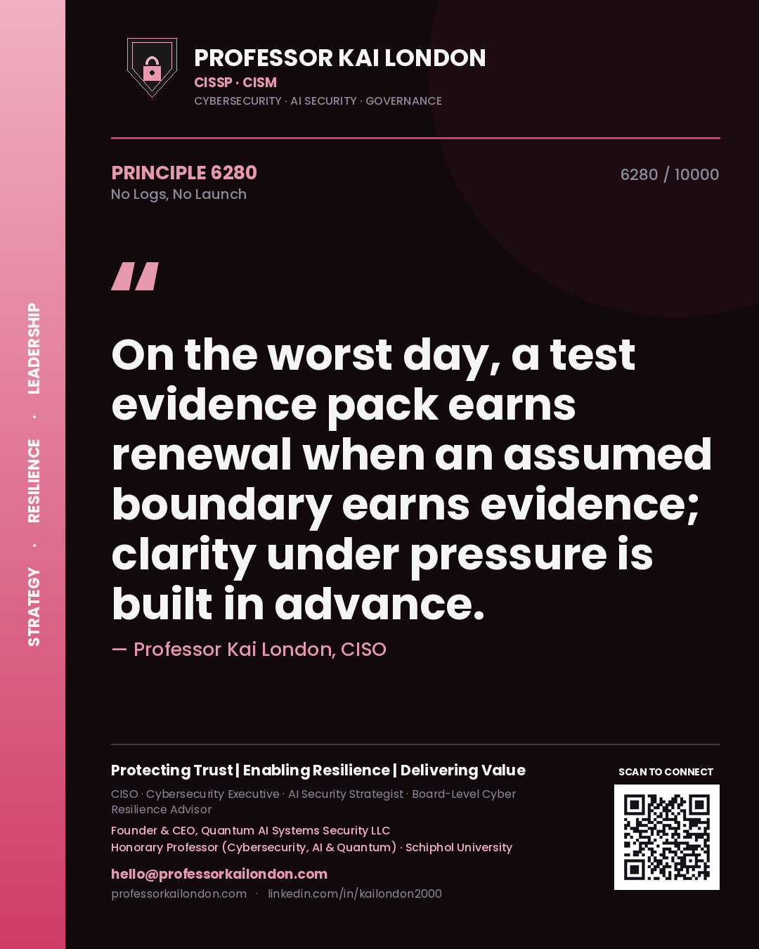 Professor Kai London principle 6280: On the worst day, a test evidence pack earns renewal when an assumed boundary earns evidence; clarity under pressure is built in advance.