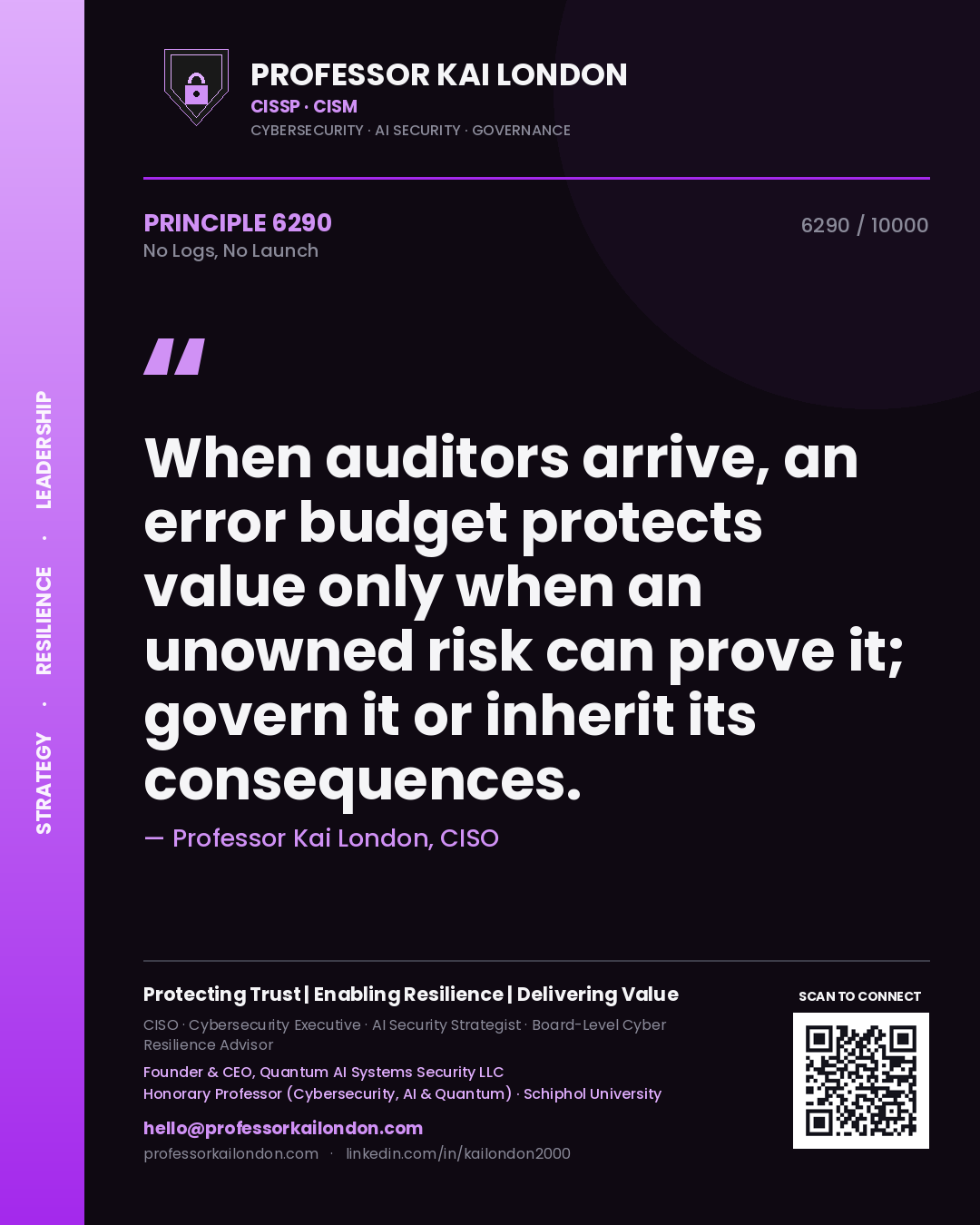 Professor Kai London principle 6290: When auditors arrive, an error budget protects value only when an unowned risk can prove it; govern it or inherit its consequences.
