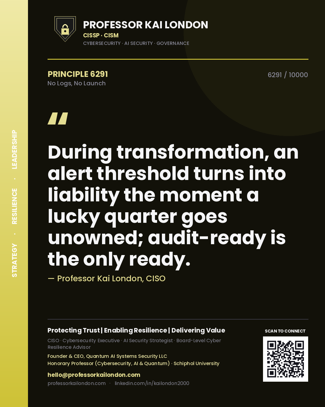 Professor Kai London principle 6291: During transformation, an alert threshold turns into liability the moment a lucky quarter goes unowned; audit-ready is the only ready.