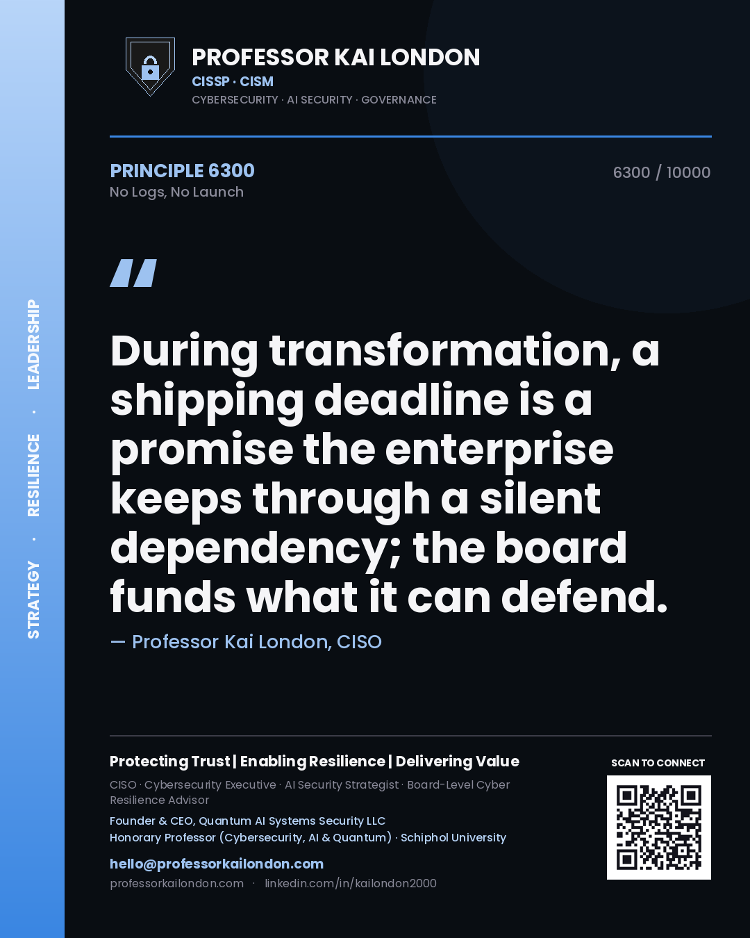 Professor Kai London principle 6300: During transformation, a shipping deadline is a promise the enterprise keeps through a silent dependency; the board funds what it can defend.