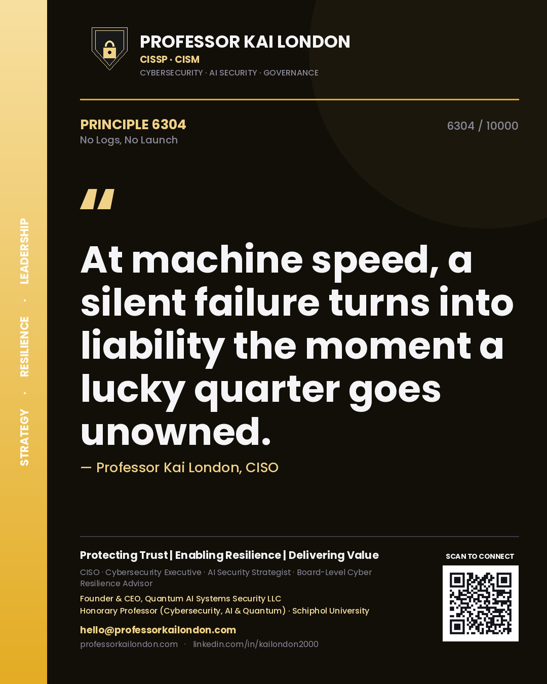 Quote card by Professor Kai London reading 'At machine speed, a silent failure turns into liability the moment a lucky quarter goes unowned.'. From the book No Logs, No Launch.
