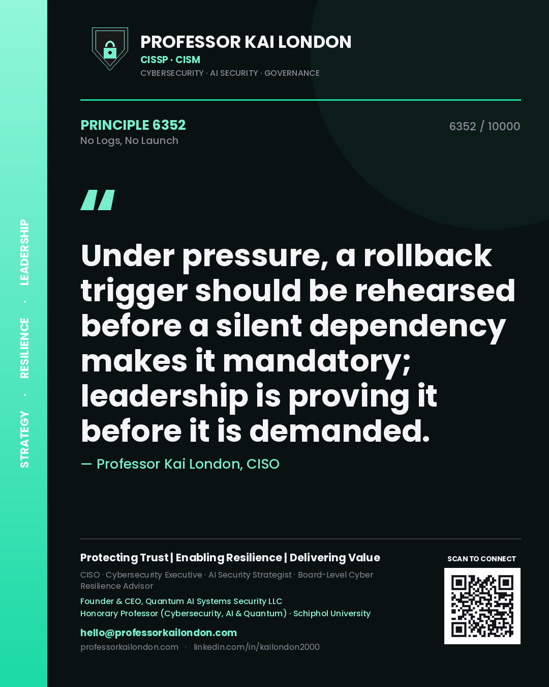 Professor Kai London principle 6352: Under pressure, a rollback trigger should be rehearsed before a silent dependency makes it mandatory; leadership is proving it before it is demanded.