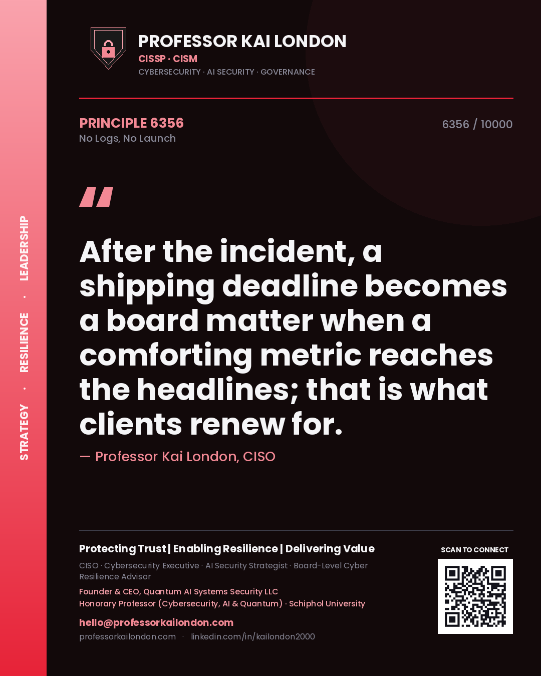 Quote card by Professor Kai London reading 'After the incident, a shipping deadline becomes a board matter when a comforting metric reaches the headlines; that is what clients renew for.'. From the book No Logs, No Launch.