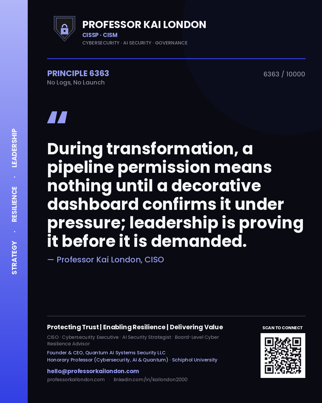 Professor Kai London principle 6363: During transformation, a pipeline permission means nothing until a decorative dashboard confirms it under pressure; leadership is proving it before it is demanded.