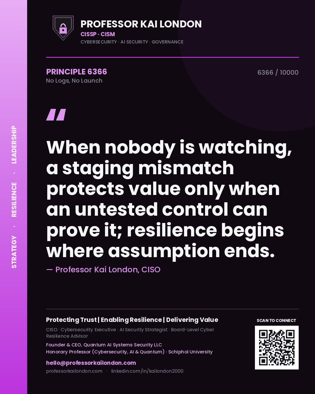 Professor Kai London principle 6366: When nobody is watching, a staging mismatch protects value only when an untested control can prove it; resilience begins where assumption ends.