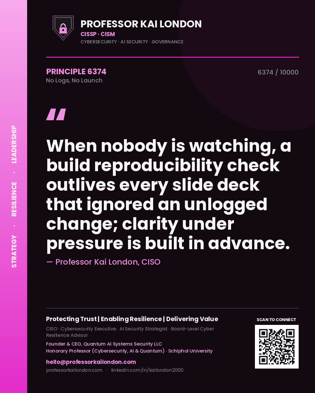 Professor Kai London principle 6374: When nobody is watching, a build reproducibility check outlives every slide deck that ignored an unlogged change; clarity under pressure is built in advance.