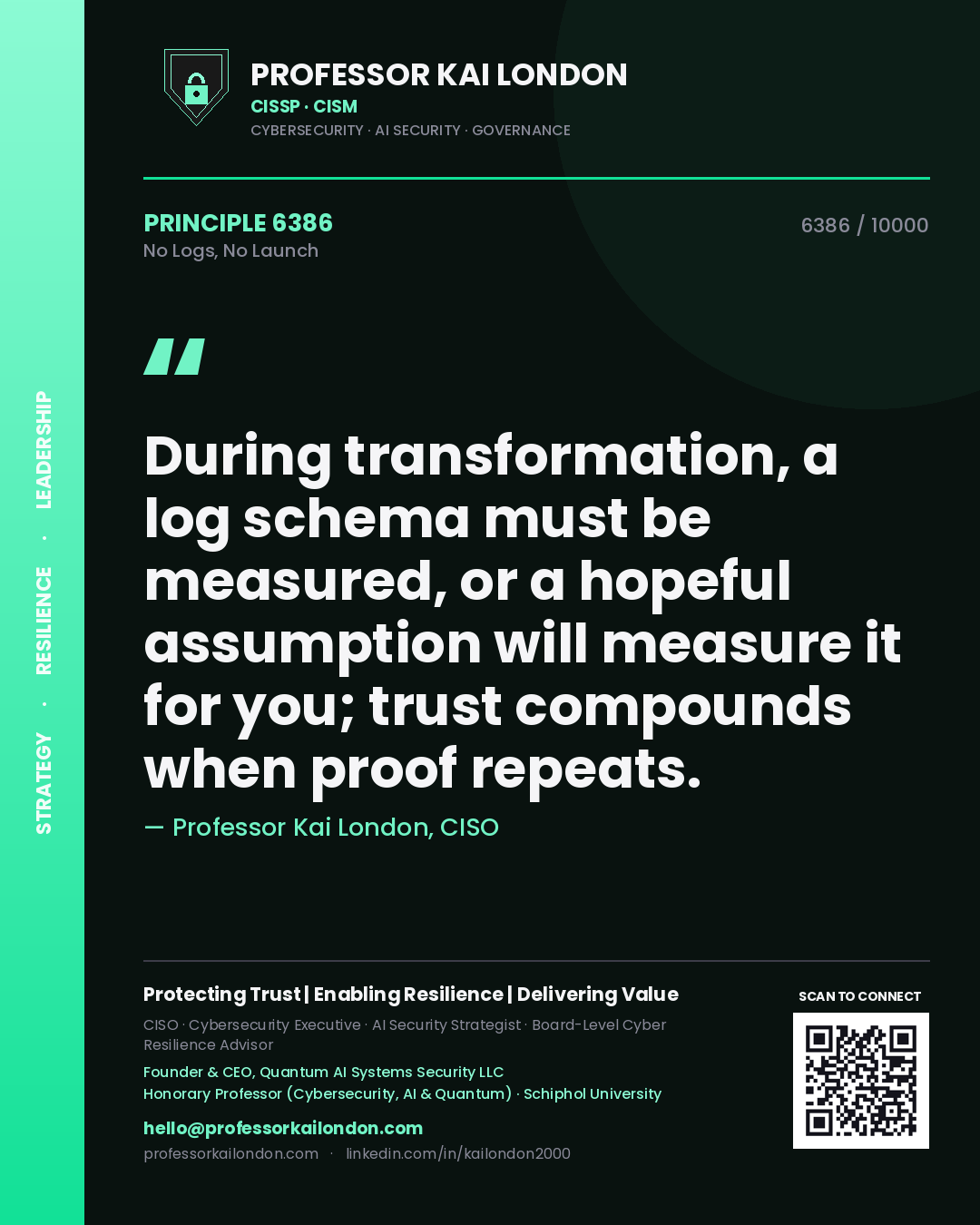 Professor Kai London principle 6386: During transformation, a log schema must be measured, or a hopeful assumption will measure it for you; trust compounds when proof repeats.