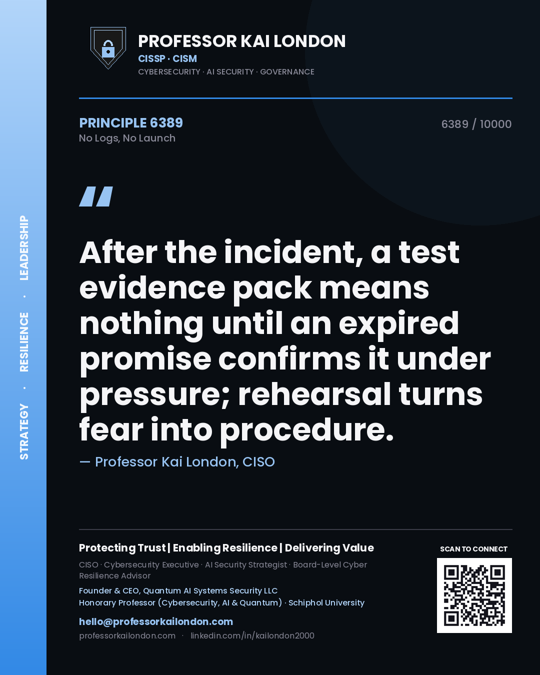 Professor Kai London principle 6389: After the incident, a test evidence pack means nothing until an expired promise confirms it under pressure; rehearsal turns fear into procedure.