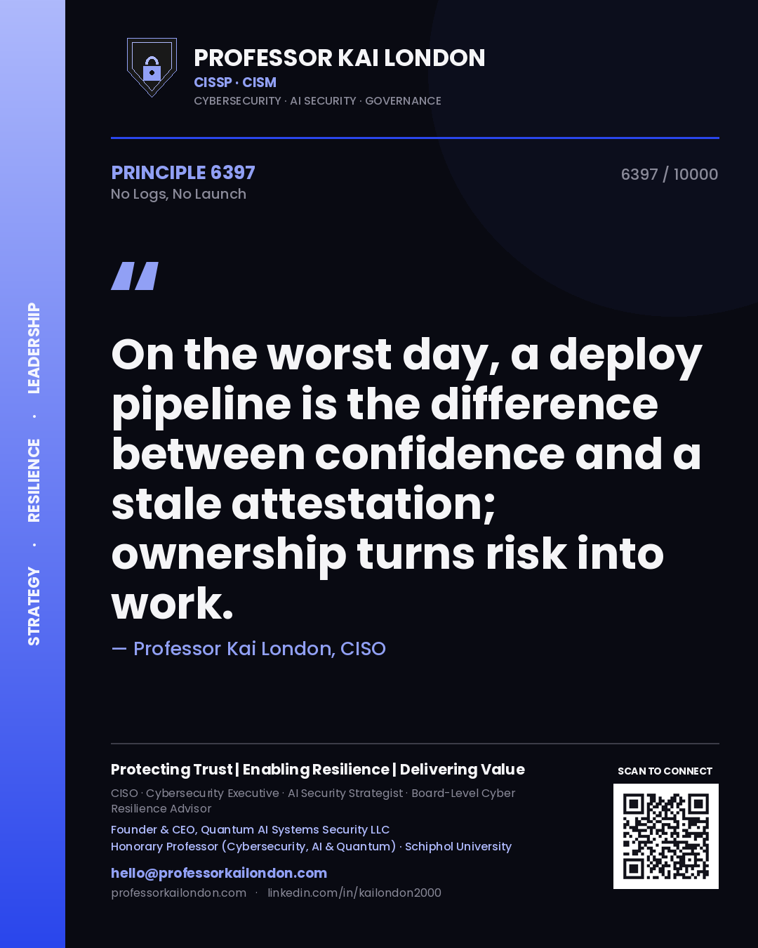 Professor Kai London principle 6397: On the worst day, a deploy pipeline is the difference between confidence and a stale attestation; ownership turns risk into work.