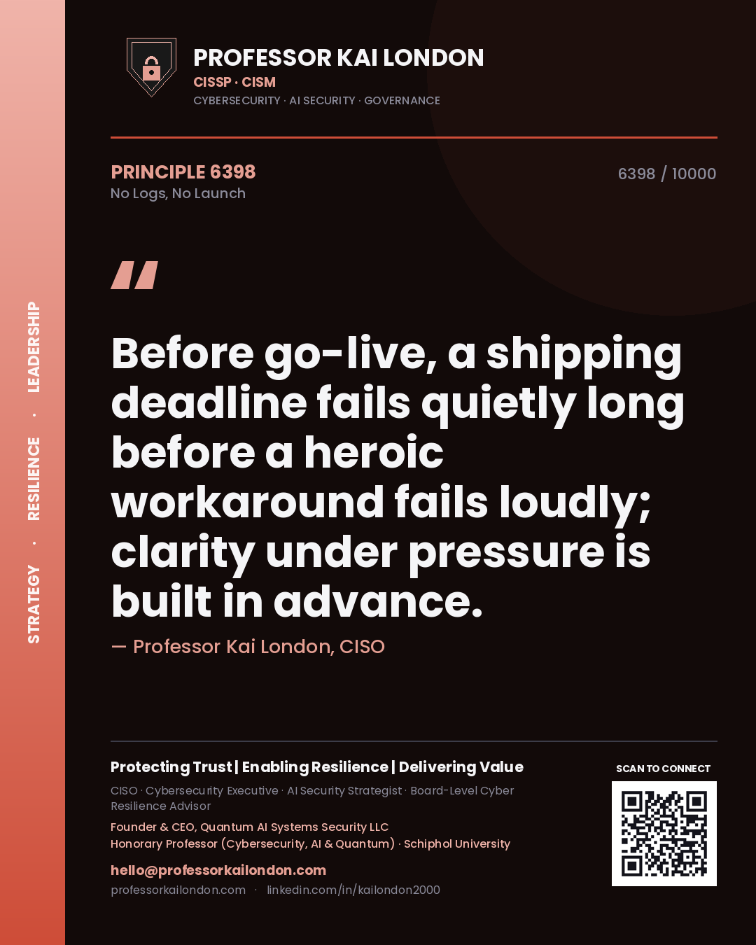 Quote card by Professor Kai London reading 'Before go-live, a shipping deadline fails quietly long before a heroic workaround fails loudly; clarity under pressure is built in advance.'. From the book No Logs, No Launch.
