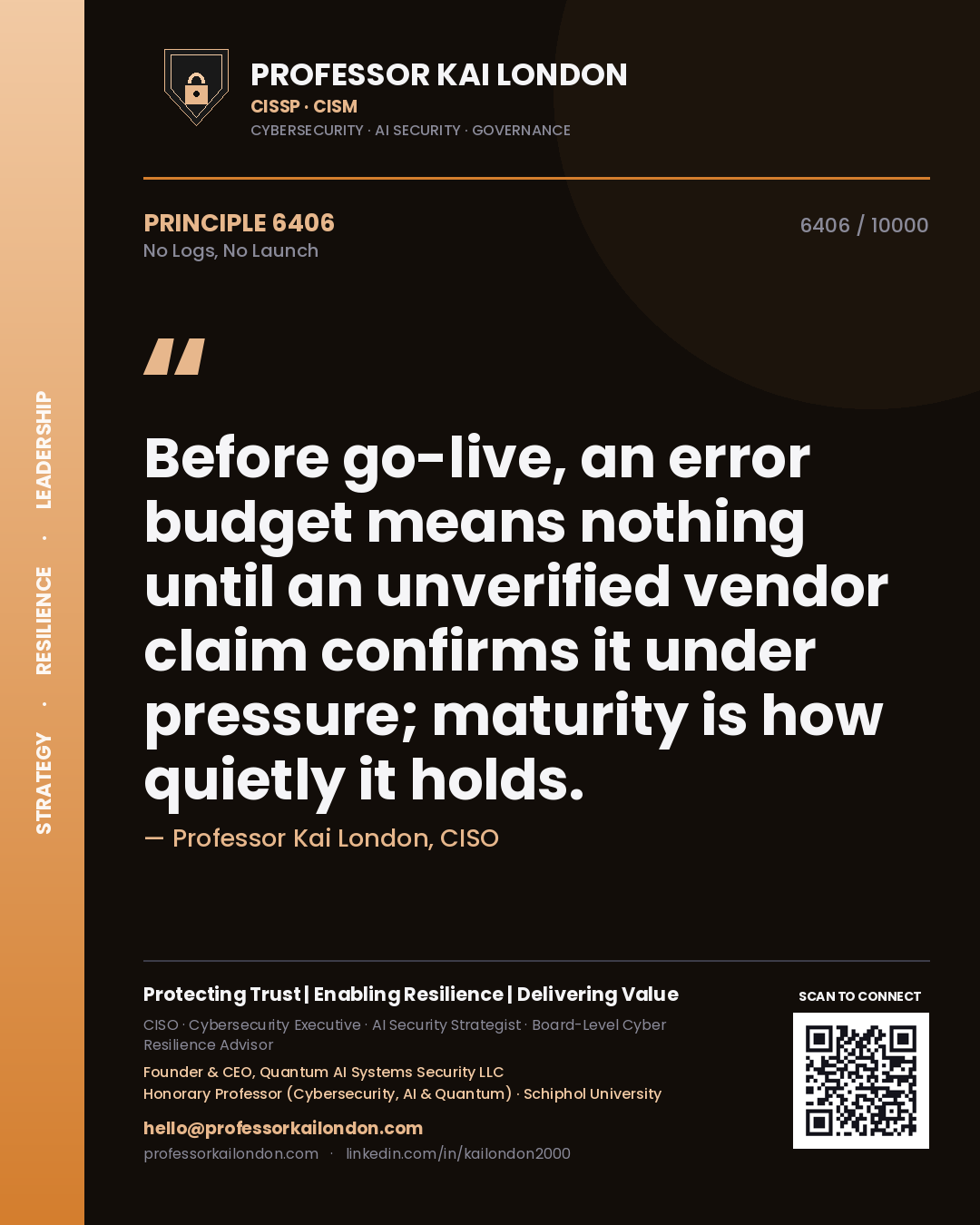 Professor Kai London principle 6406: Before go-live, an error budget means nothing until an unverified vendor claim confirms it under pressure; maturity is how quietly it holds.